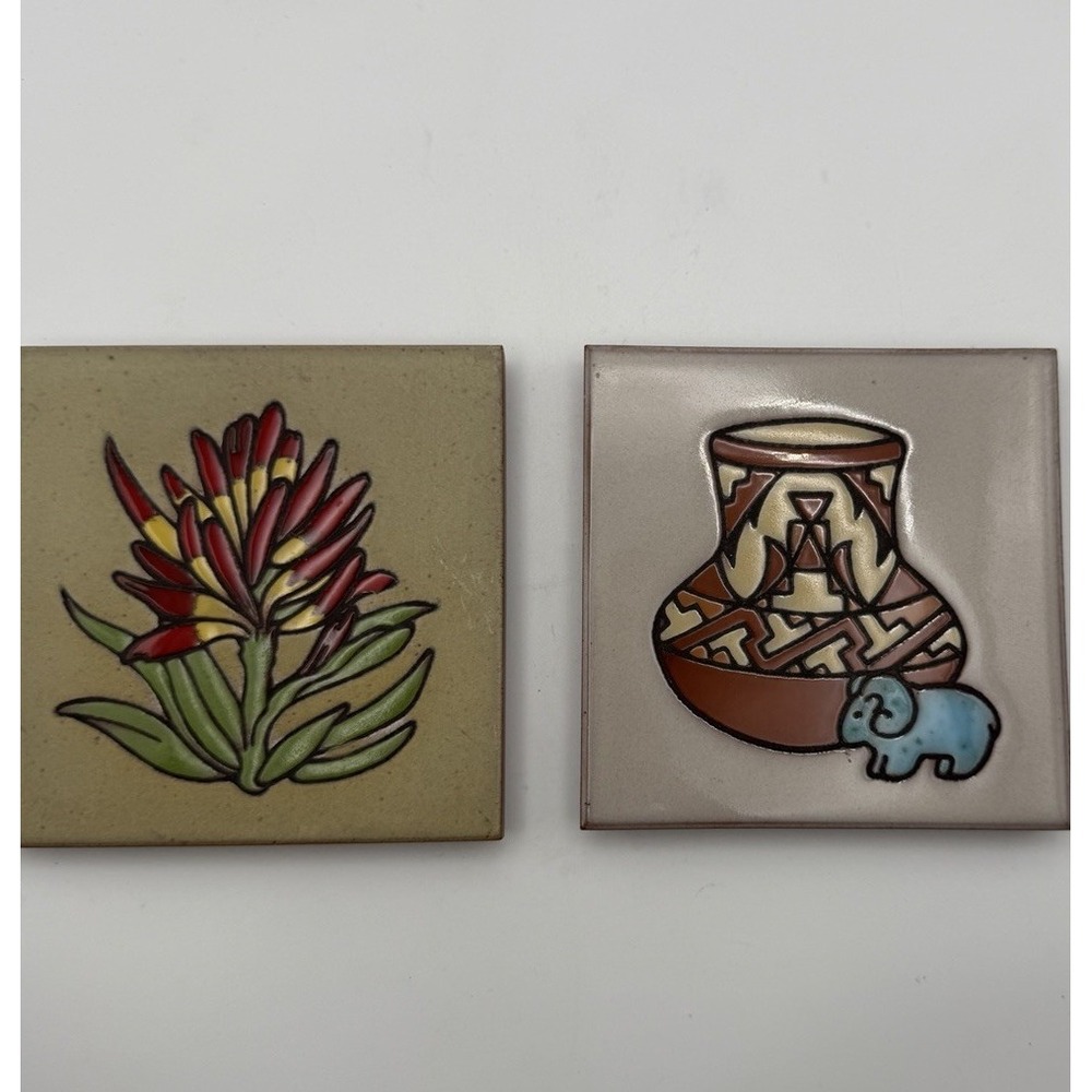 Cleo Teissedre Designs Hand Painted Ceramic Tiles Set of 2 Southwest Floral